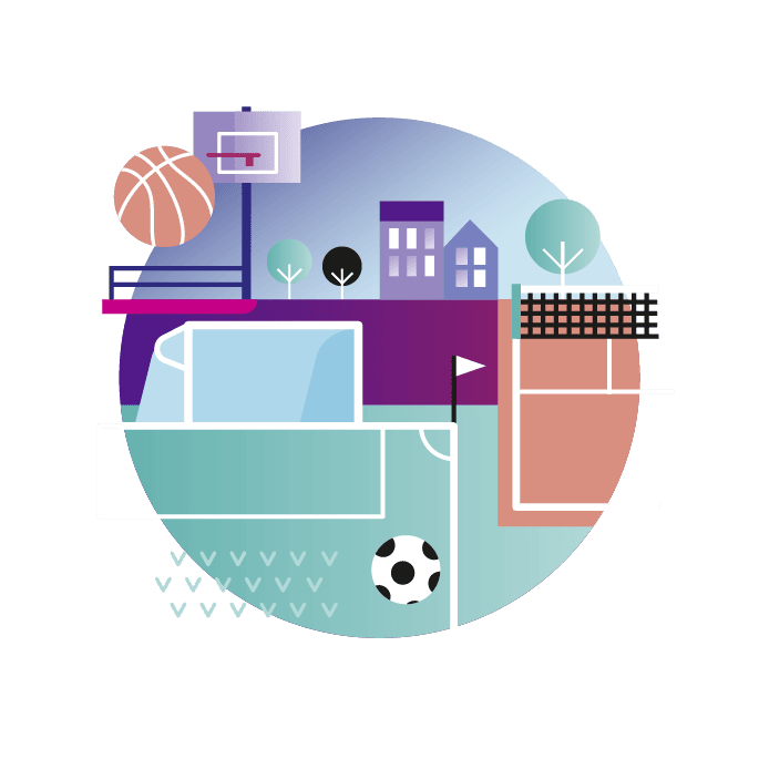 Illustrative Vignette mit Sportplätzen
