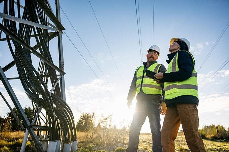 Foto von zwei Arbeiten neben einem Strommast