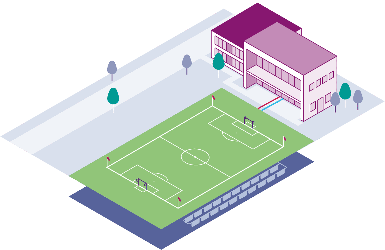 Illustration mit Gebäude und einer GeoCollect-Anlage auf der ein Fußballplatz gebaut wurde.