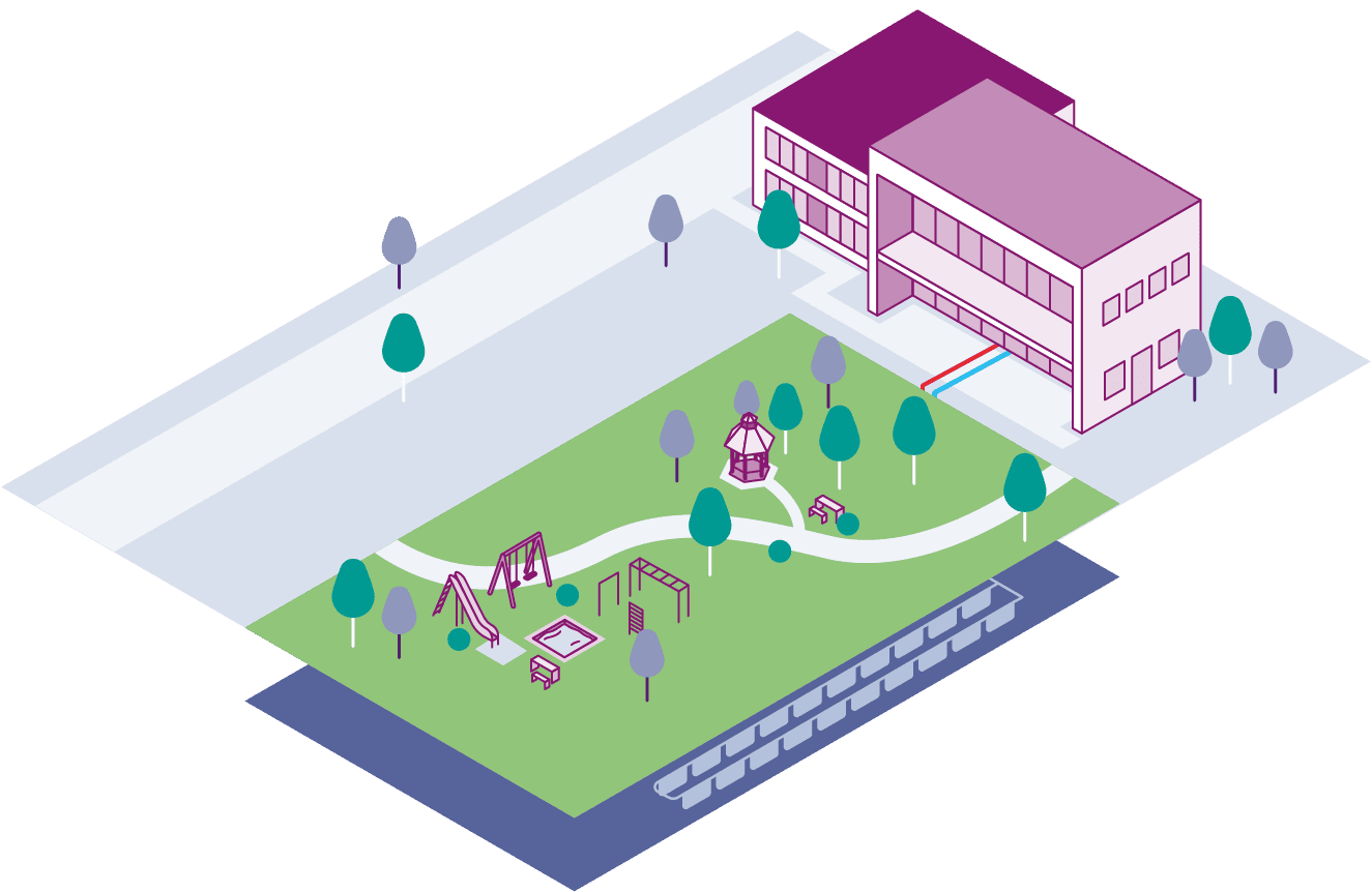 Illustration mit Gebäude und einer GeoCollect-Anlage auf der ein Spielplatz gebaut wurde.