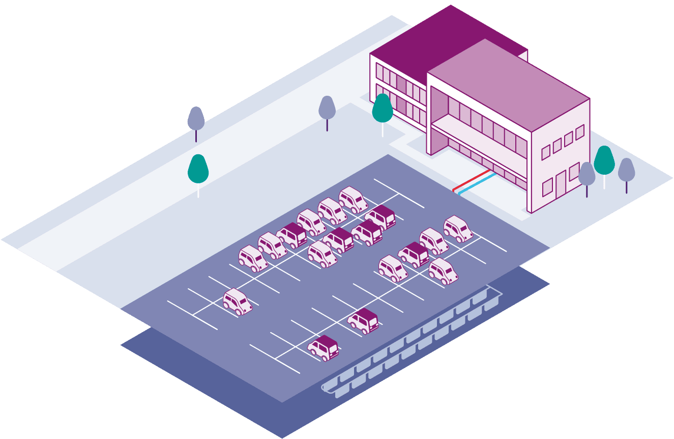 Illustration mit Gebäude und einer GeoCollect-Anlage auf der ein Parkplatz gebaut wurde.
